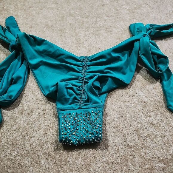 Luxury Rhinestone Teal Scrunch Butt Side Tie Bikini Bottom #8 - Picture 3 of 4